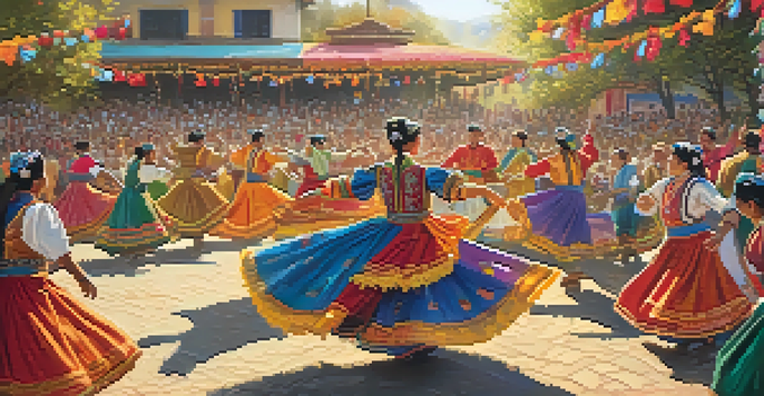 A traditional folk dance performance with dancers in colorful costumes and an enthusiastic audience in a sunny outdoor setting.