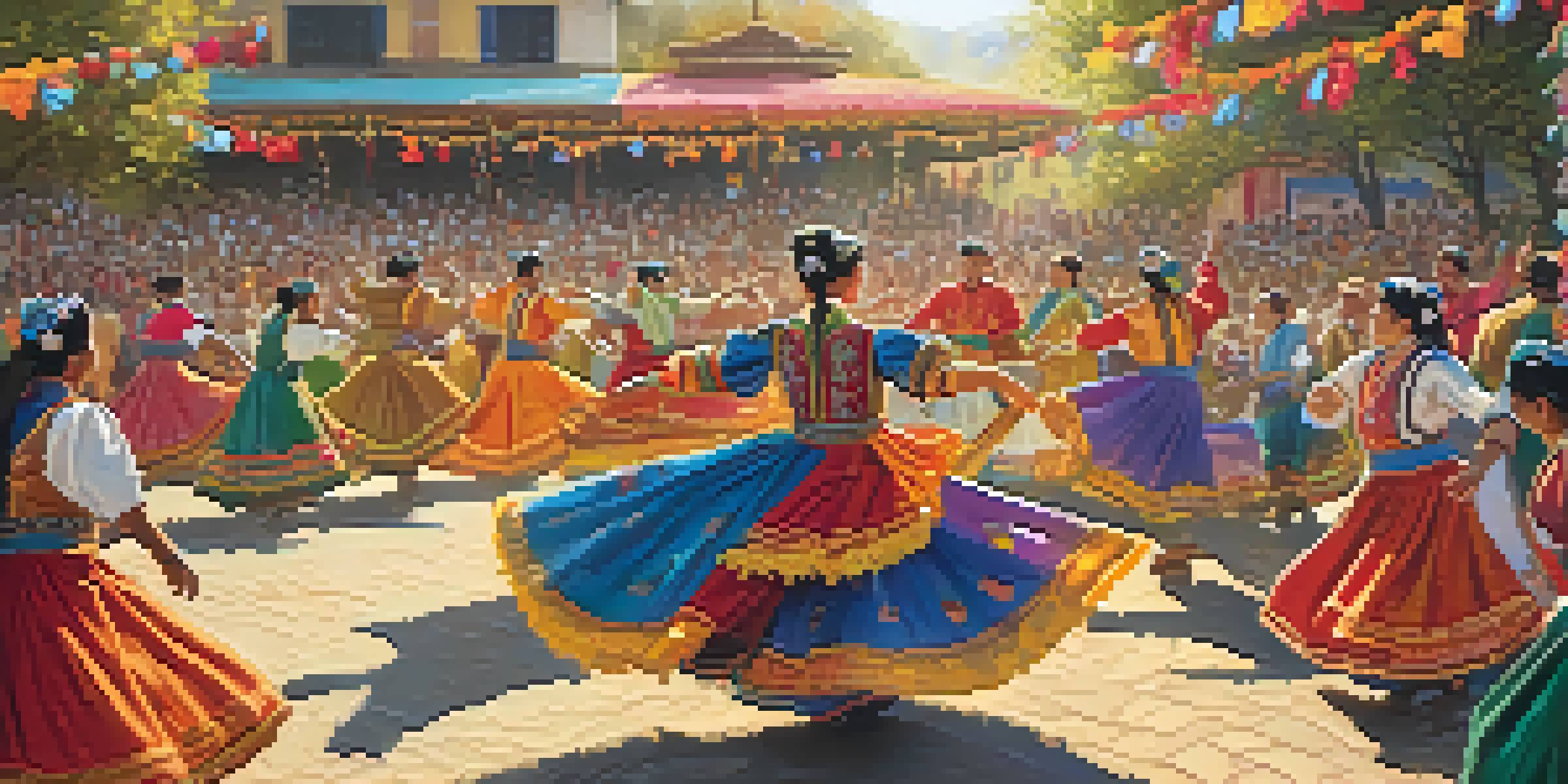 A traditional folk dance performance with dancers in colorful costumes and an enthusiastic audience in a sunny outdoor setting.