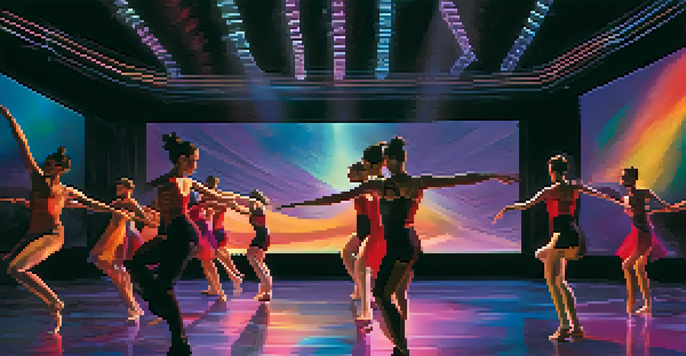 A group of dancers performing on stage with motion sensors, colorful visual effects projected behind them, and soft ambient lighting creating a dynamic atmosphere.