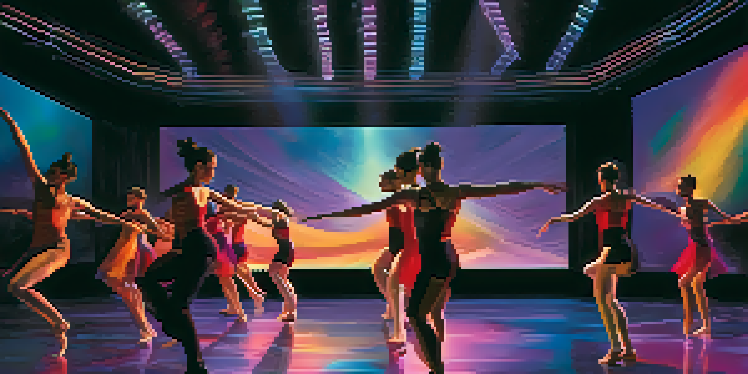 A group of dancers performing on stage with motion sensors, colorful visual effects projected behind them, and soft ambient lighting creating a dynamic atmosphere.