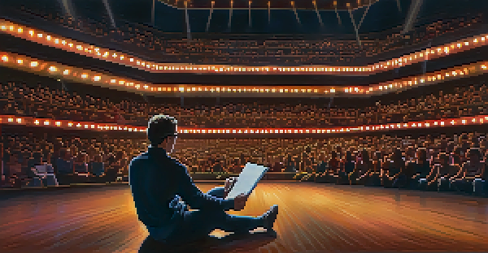A focused dance critic taking notes in a theater while watching a colorful contemporary dance performance on stage.