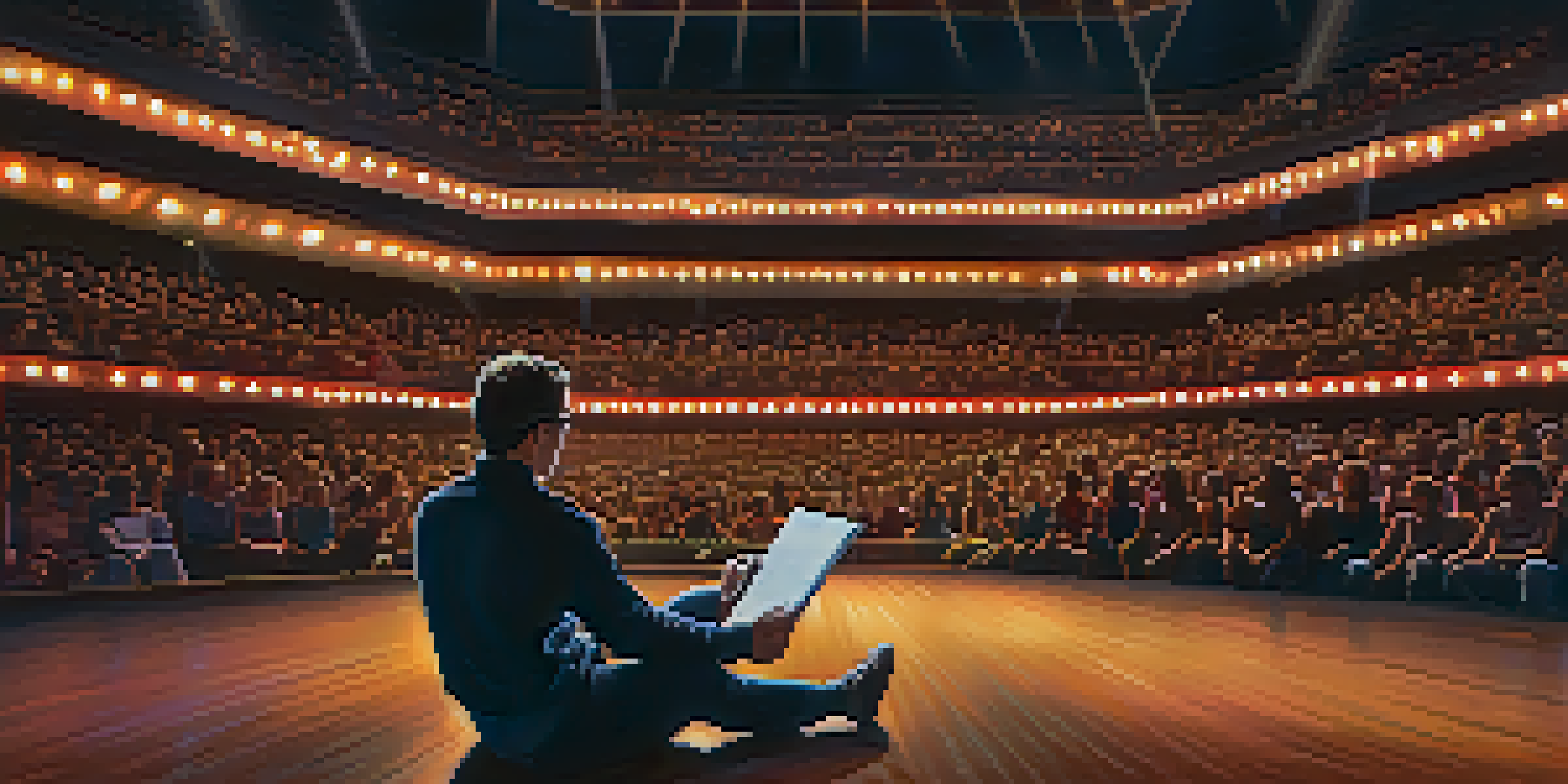 A focused dance critic taking notes in a theater while watching a colorful contemporary dance performance on stage.