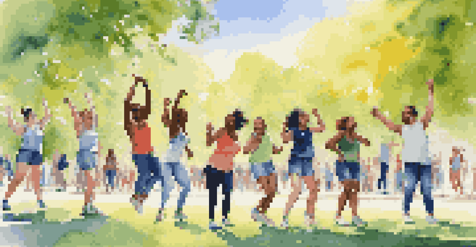 A group of friends in a park participating in a TikTok dance challenge, surrounded by trees and a clear sky.