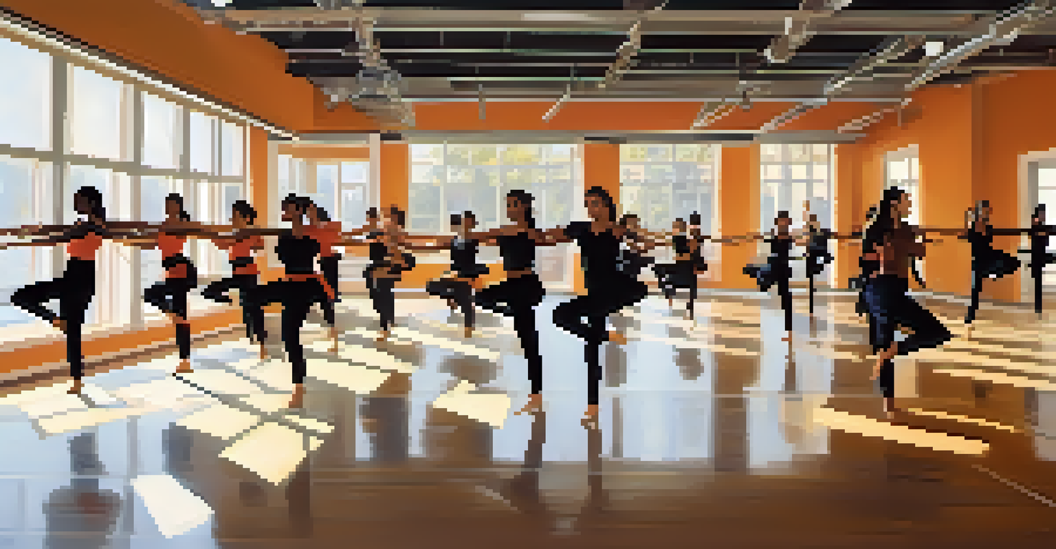 A rehearsal scene in a dance studio with diverse dancers practicing Bollywood dance that blends traditional and modern styles, with large mirrors and natural light.