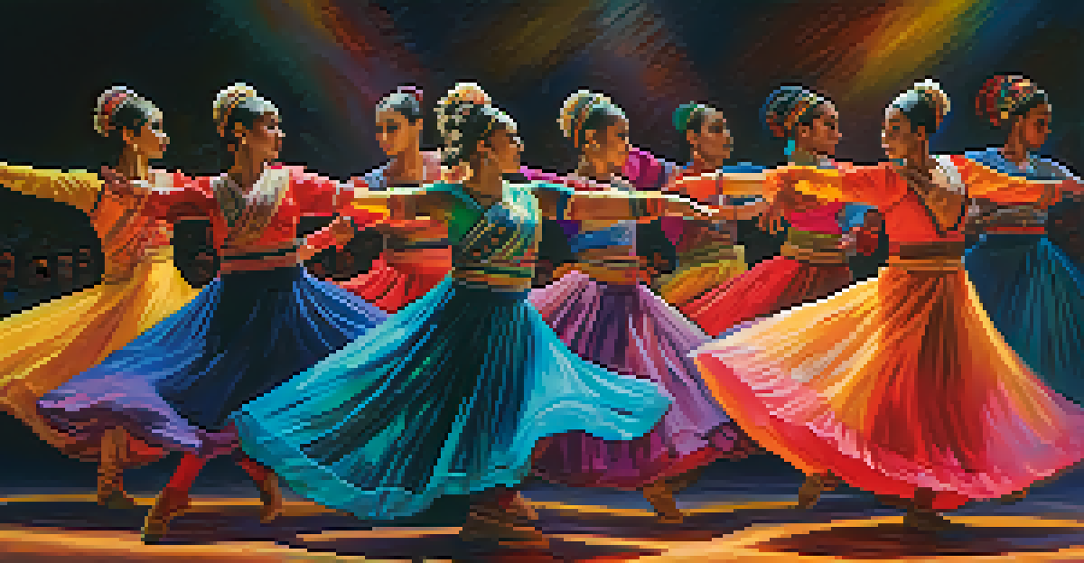 A lively dance performance on stage, blending traditional and contemporary styles with colorful costumes and lighting.