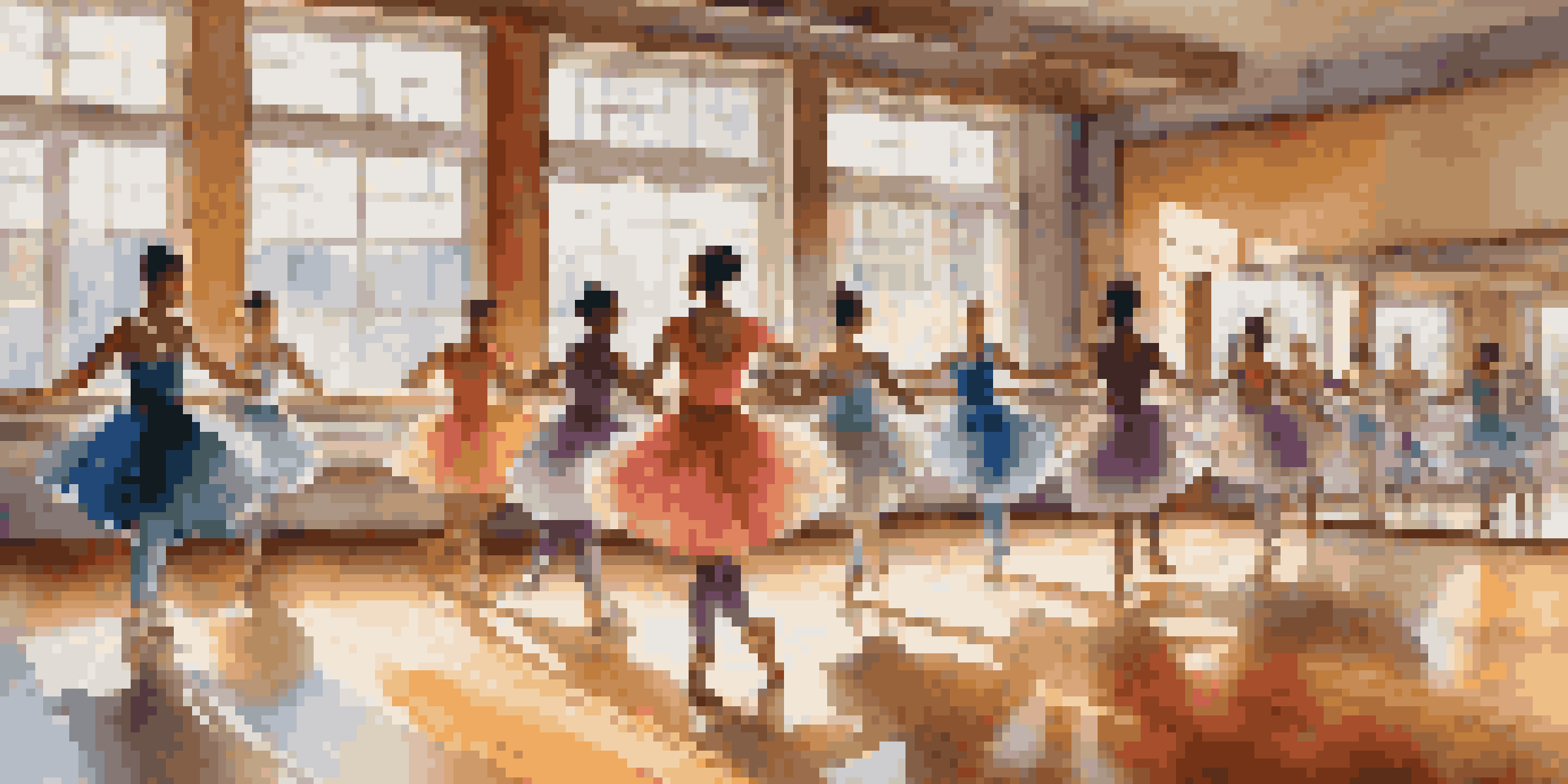 A bright dance studio with dancers practicing in colorful outfits, sunlight filtering through windows, and a mirror reflecting their movements.