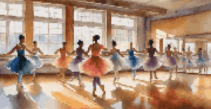 A bright dance studio with dancers practicing in colorful outfits, sunlight filtering through windows, and a mirror reflecting their movements.