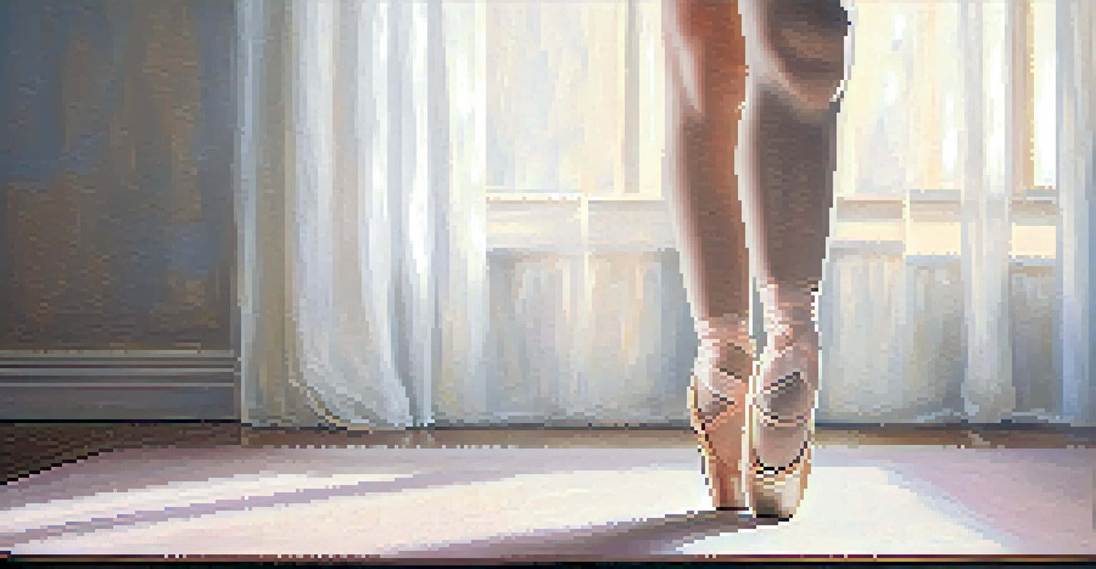 Close-up of ballet dancer's feet in pointe shoes stretching on a yoga mat, highlighting the texture and flexibility.
