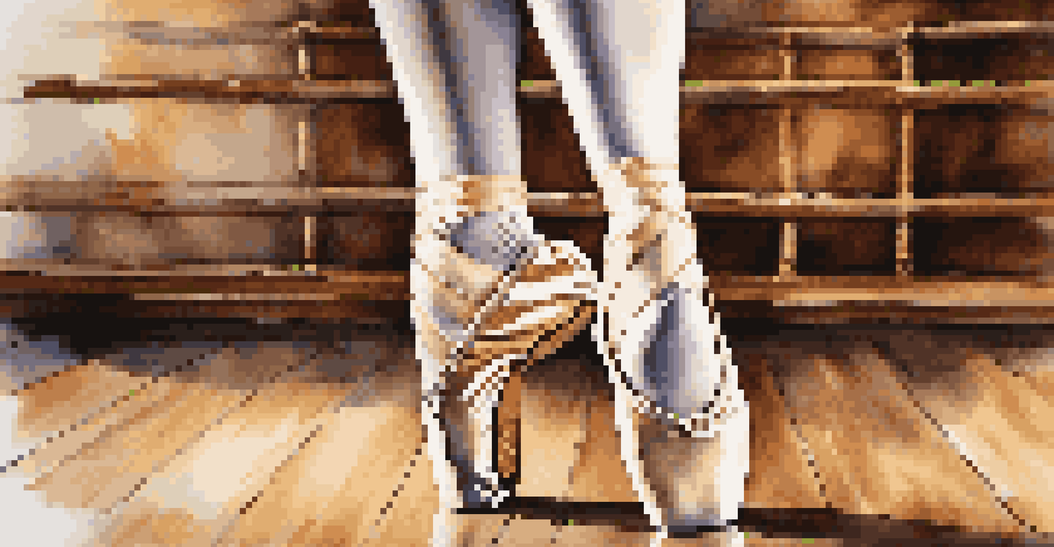 A close-up of a dancer's feet in ballet shoes on stage, emphasizing the elegance of ballet and the texture of the wooden floor.