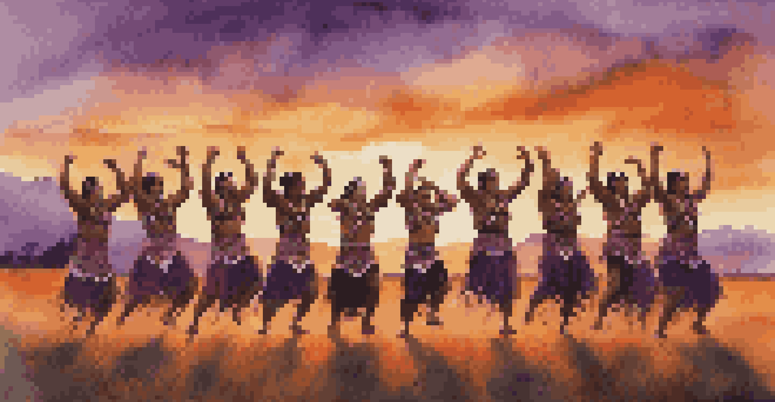 A group of Maori dancers performing Haka against a beautiful sunset backdrop.