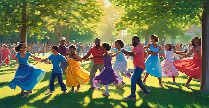 A diverse group of people participating in a community dance therapy session in a park, surrounded by nature and colorful attire.