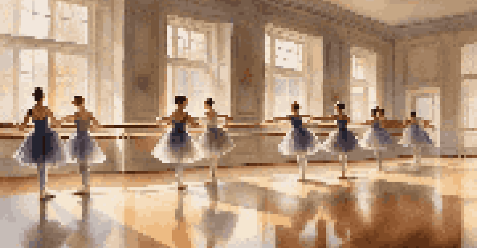 Ballet students practicing at the barre in a bright dance studio.