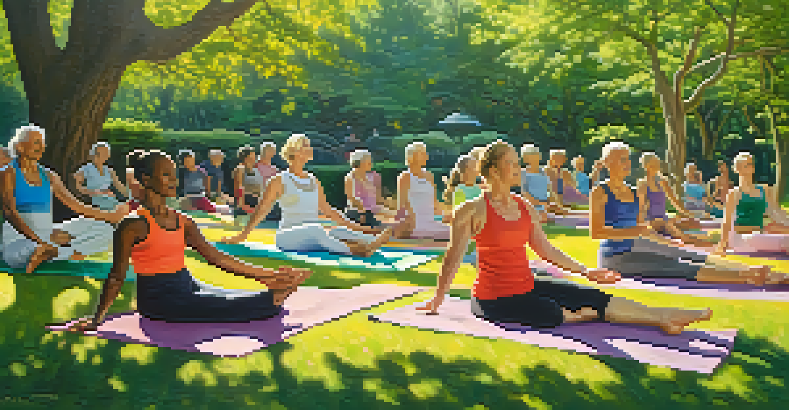 A group of older dancers practicing yoga in a sunny park surrounded by greenery and colorful flowers.