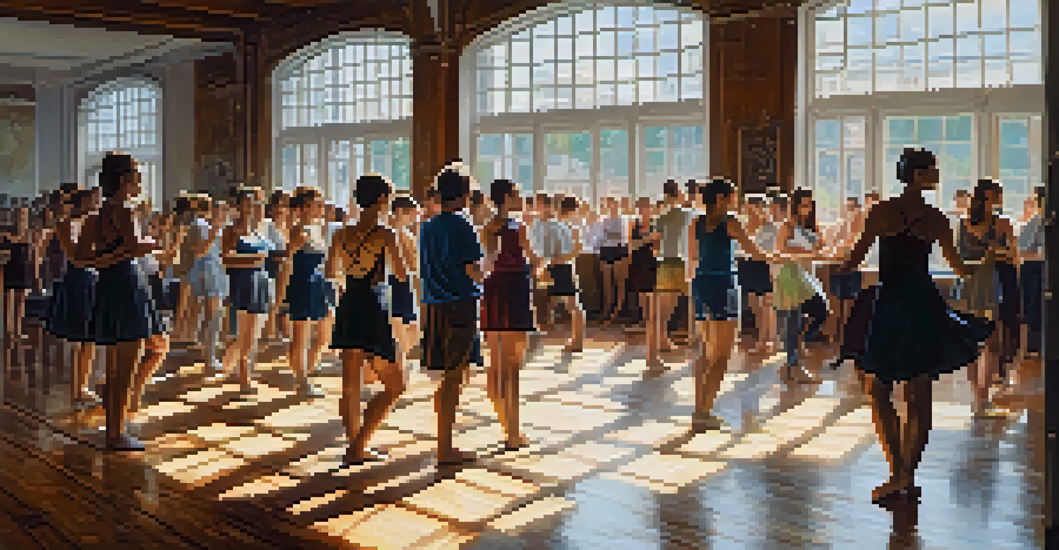 An intimate dance workshop with a seasoned dancer demonstrating techniques to a diverse group of engaged participants in a sunlit room.
