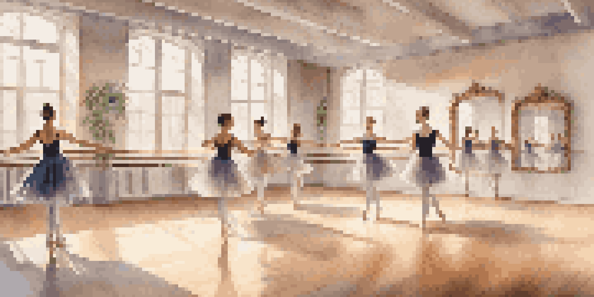 A dance studio with dancers practicing ballet, surrounded by mirrors and natural light.