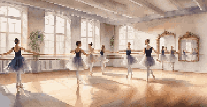 A dance studio with dancers practicing ballet, surrounded by mirrors and natural light.