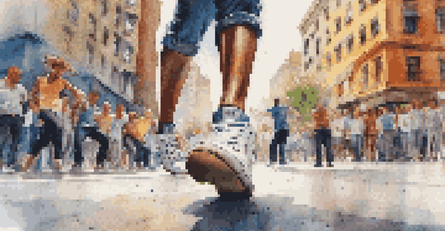 Close-up of a dancer's feet performing on the street, with a vibrant city background of dancers and spectators.