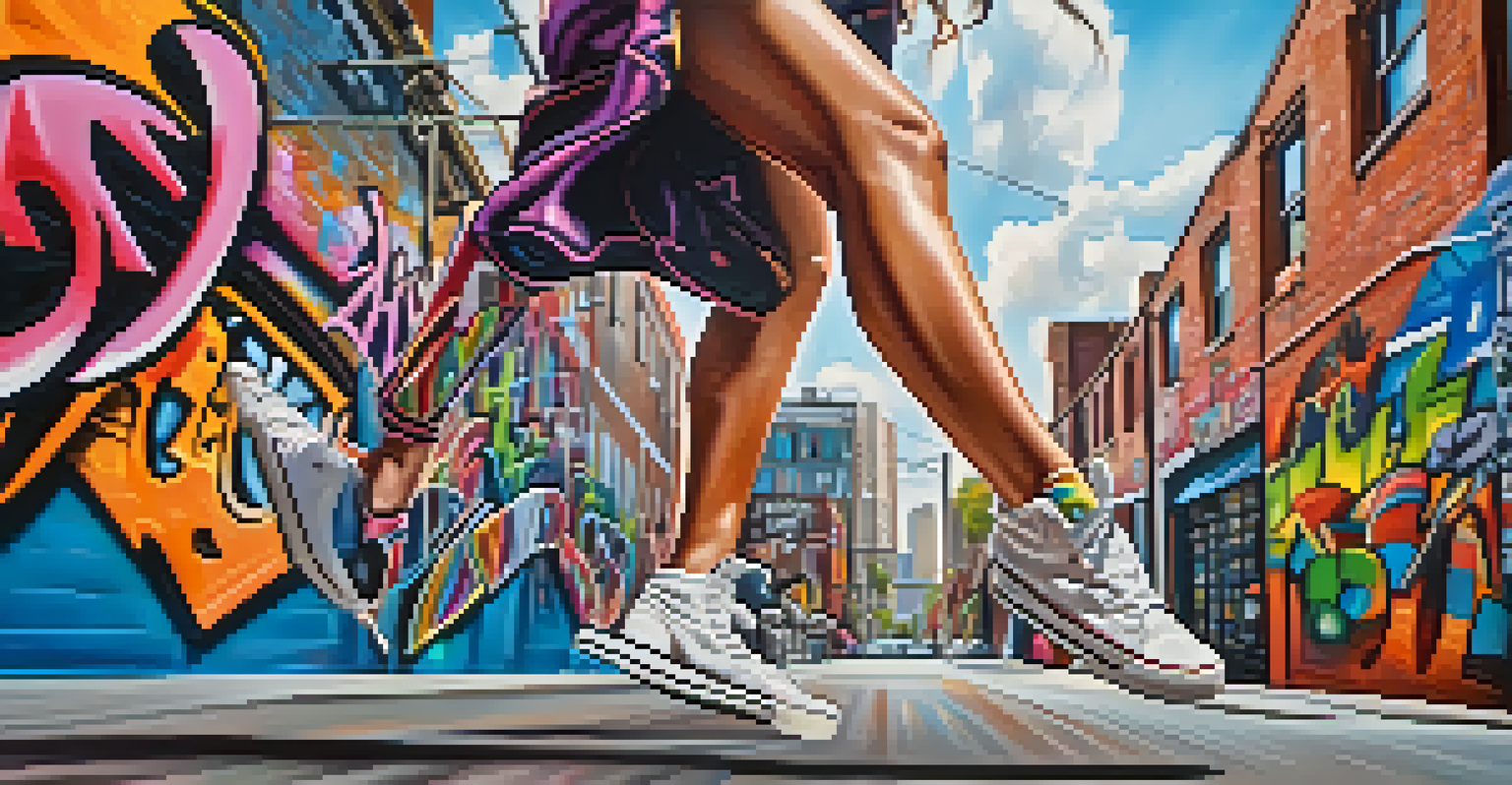 Close-up of a dancer's feet in stylish shoes performing on a colorful urban street with graffiti art in the background.