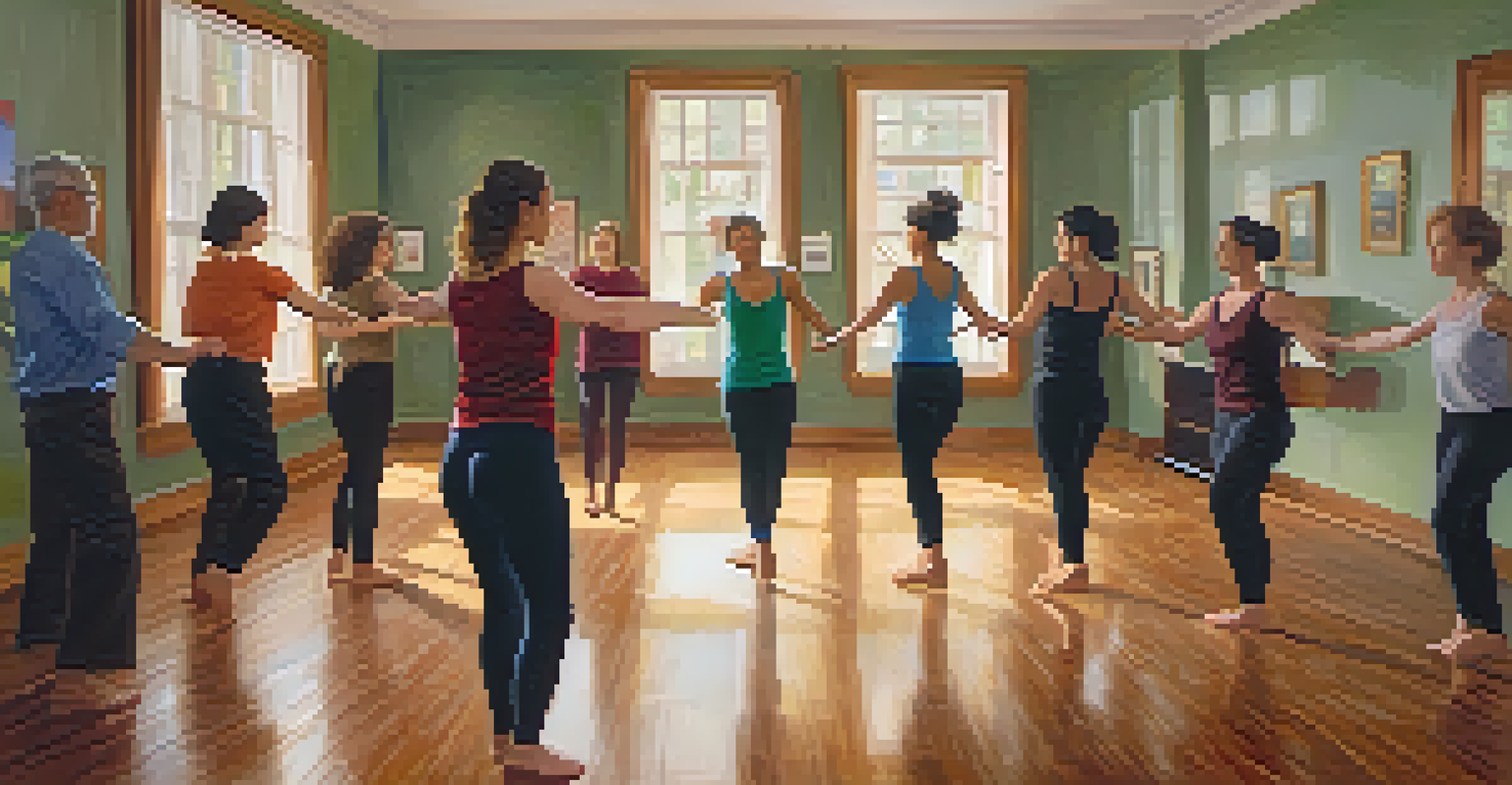 A small group of individuals participating in a dance therapy session in a cozy studio, guided by a therapist.