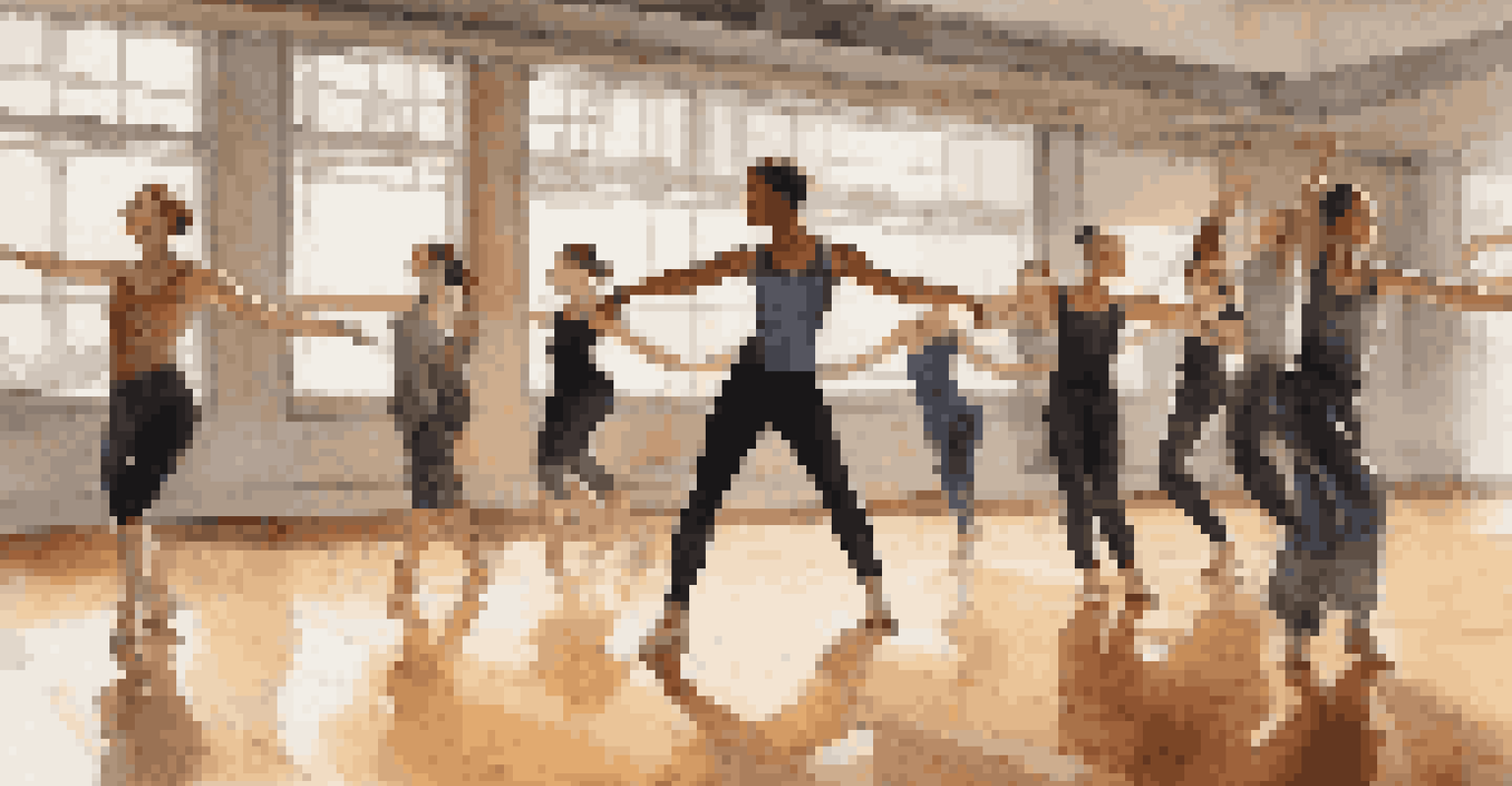 A choreographer leading dancers in a contemporary rehearsal, capturing dynamic movement in a warmly lit studio with mirrors.