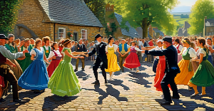 A lively Irish jig performance with dancers in colorful costumes and a rustic village backdrop, bathed in warm sunlight.