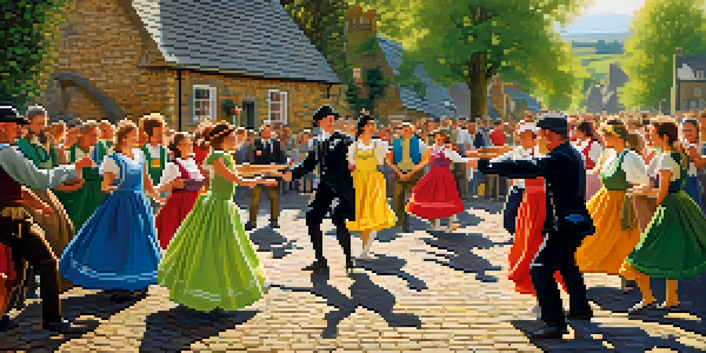 A lively Irish jig performance with dancers in colorful costumes and a rustic village backdrop, bathed in warm sunlight.