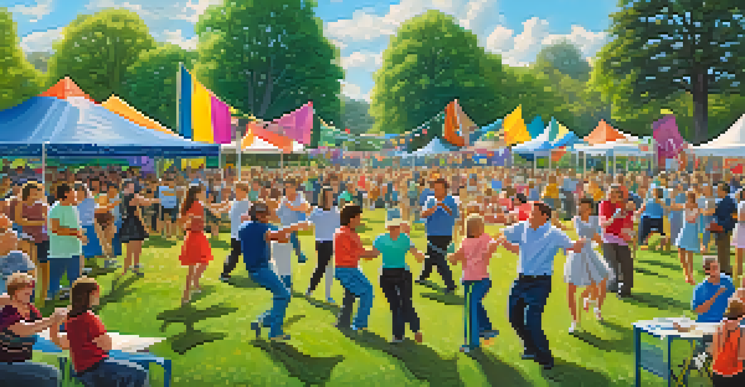 A joyful outdoor dance event in a park with individuals of all abilities dancing together, surrounded by a festive atmosphere.