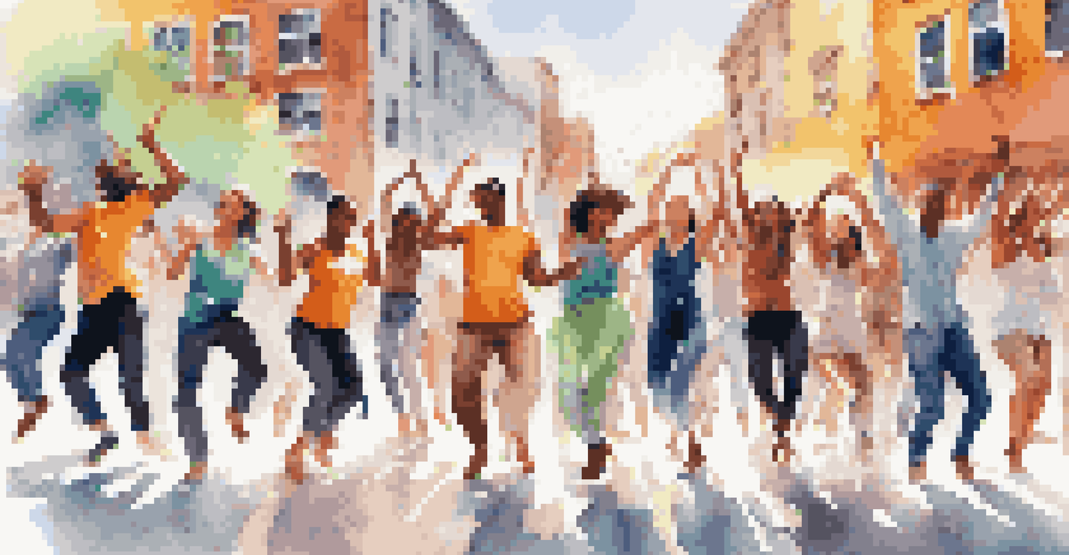 Dancers of various backgrounds participating in a synchronized routine in an urban setting, with onlookers recording the performance.