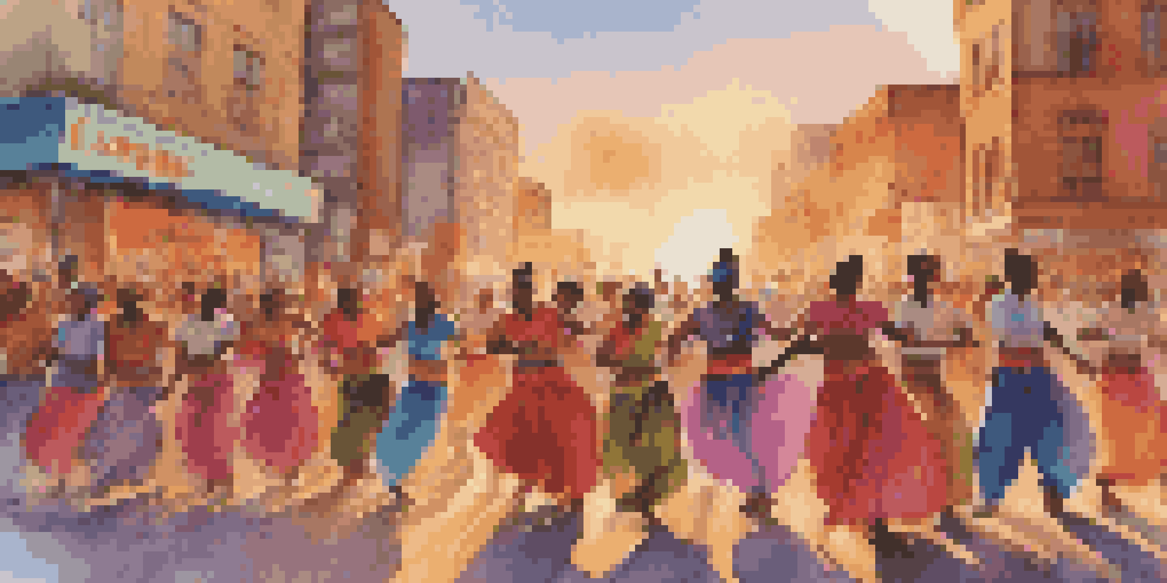A lively street protest featuring diverse dancers in traditional attire, expressing solidarity. The urban skyline is visible in the background under a warm sunset.