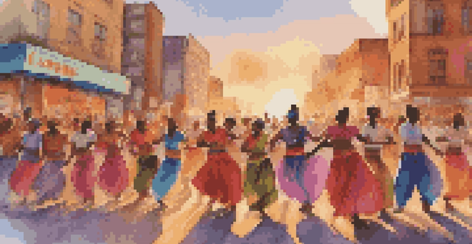 A lively street protest featuring diverse dancers in traditional attire, expressing solidarity. The urban skyline is visible in the background under a warm sunset.