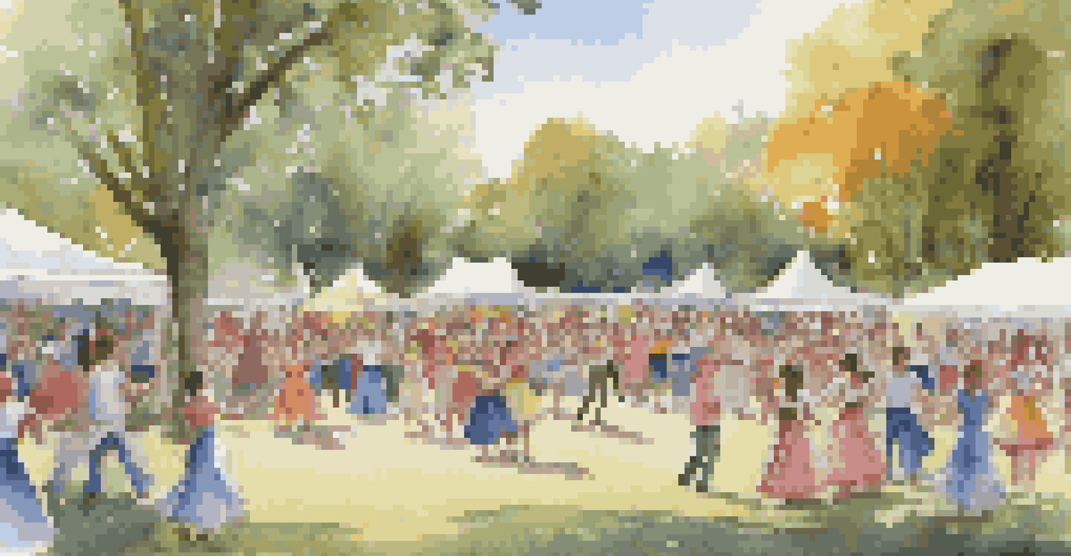 A community dance event in a park with a diverse group of dancers performing folk dances, surrounded by families and colorful decorations.