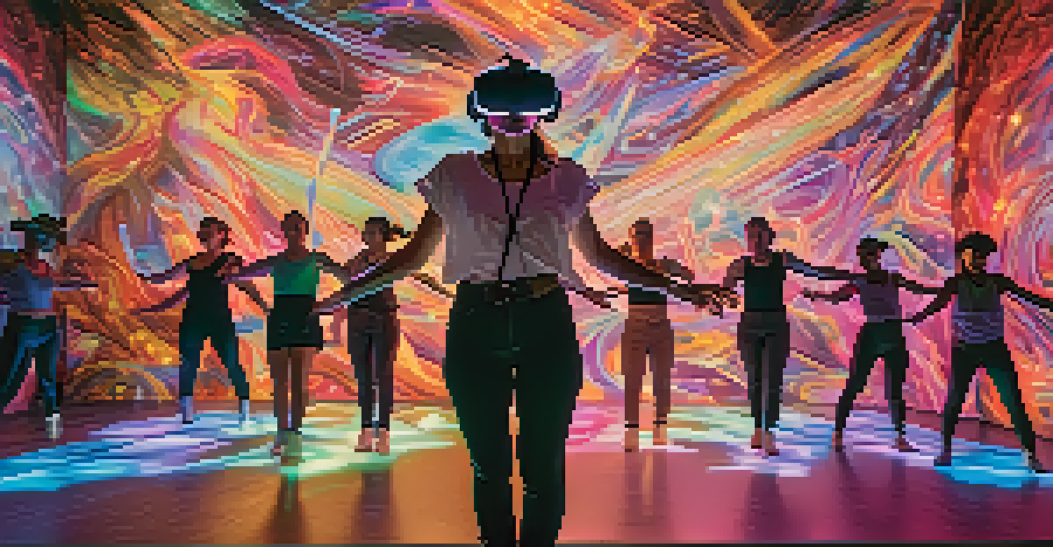 A person wearing a VR headset, surrounded by digital holograms of dancers and colorful abstract visuals, appearing amazed by the experience.