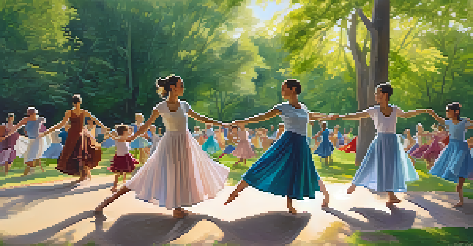 Participants of various ages in a dance workshop, enjoying movement together in a peaceful park setting.