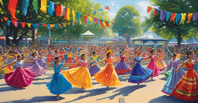 A lively outdoor dance festival with diverse dancers in colorful costumes, surrounded by a cheering crowd and decorated with bright banners.