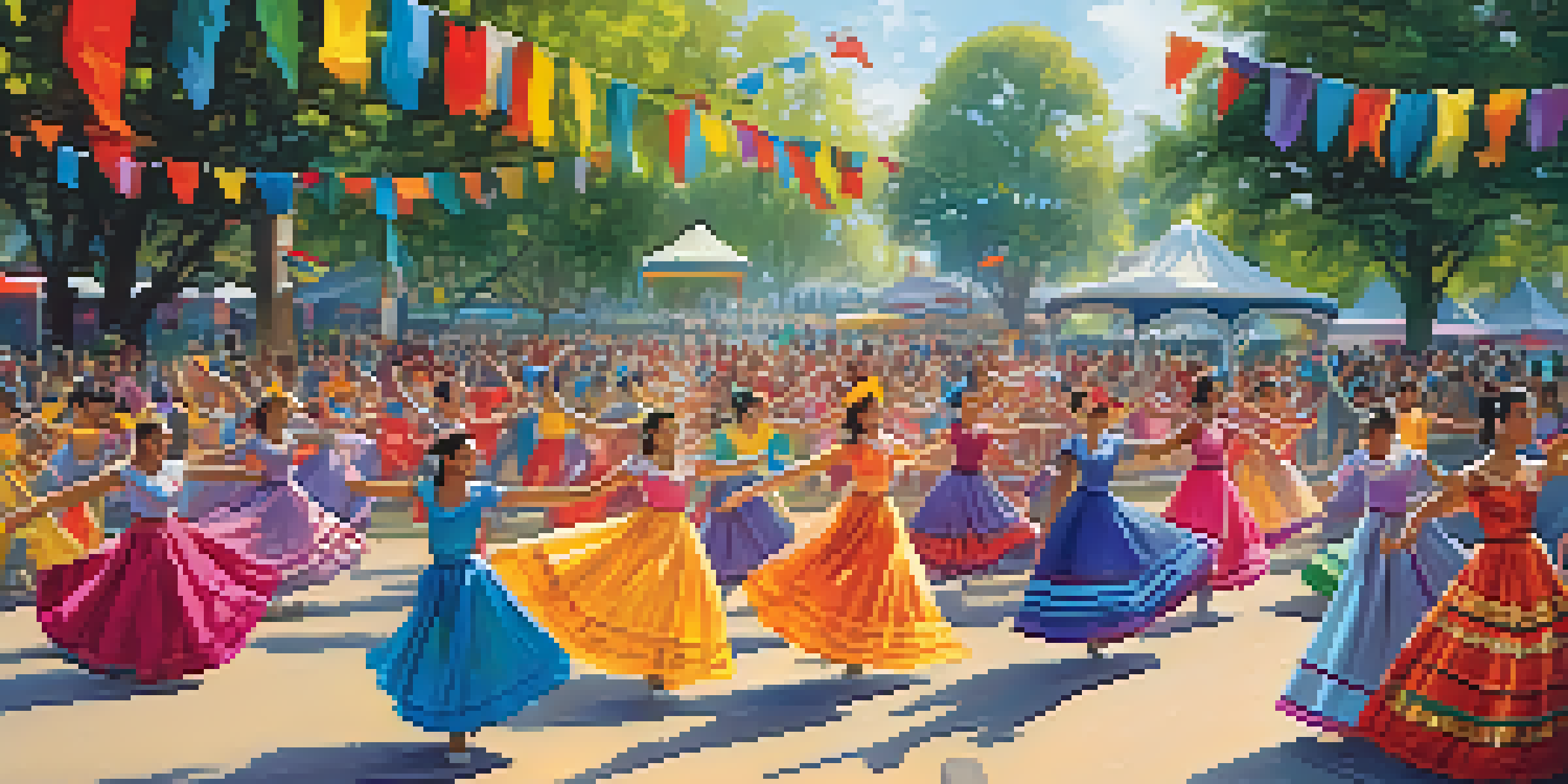A lively outdoor dance festival with diverse dancers in colorful costumes, surrounded by a cheering crowd and decorated with bright banners.