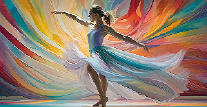 A dancer in a colorful virtual reality setting, mid-performance with swirling abstract shapes around them.