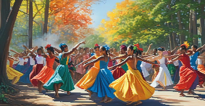 A diverse group of dancers performing various cultural dances outdoors with colorful costumes and expressive movements.