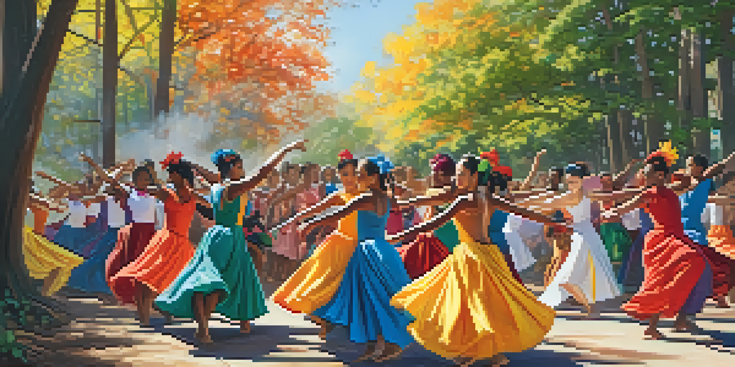 A diverse group of dancers performing various cultural dances outdoors with colorful costumes and expressive movements.