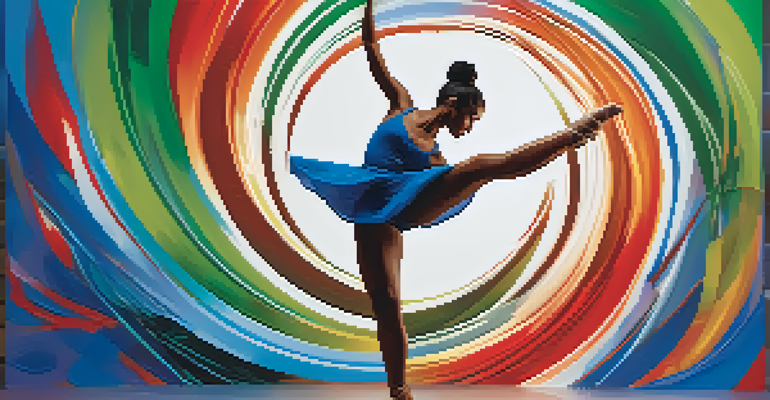A silhouette of a dancer surrounded by colorful Labanotation symbols against a warm gradient background.
