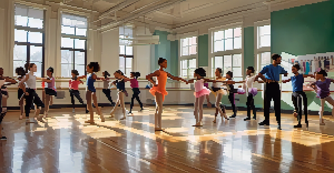 A lively dance classroom with students practicing ballet, hip-hop, and contemporary dance, illuminated by natural light.