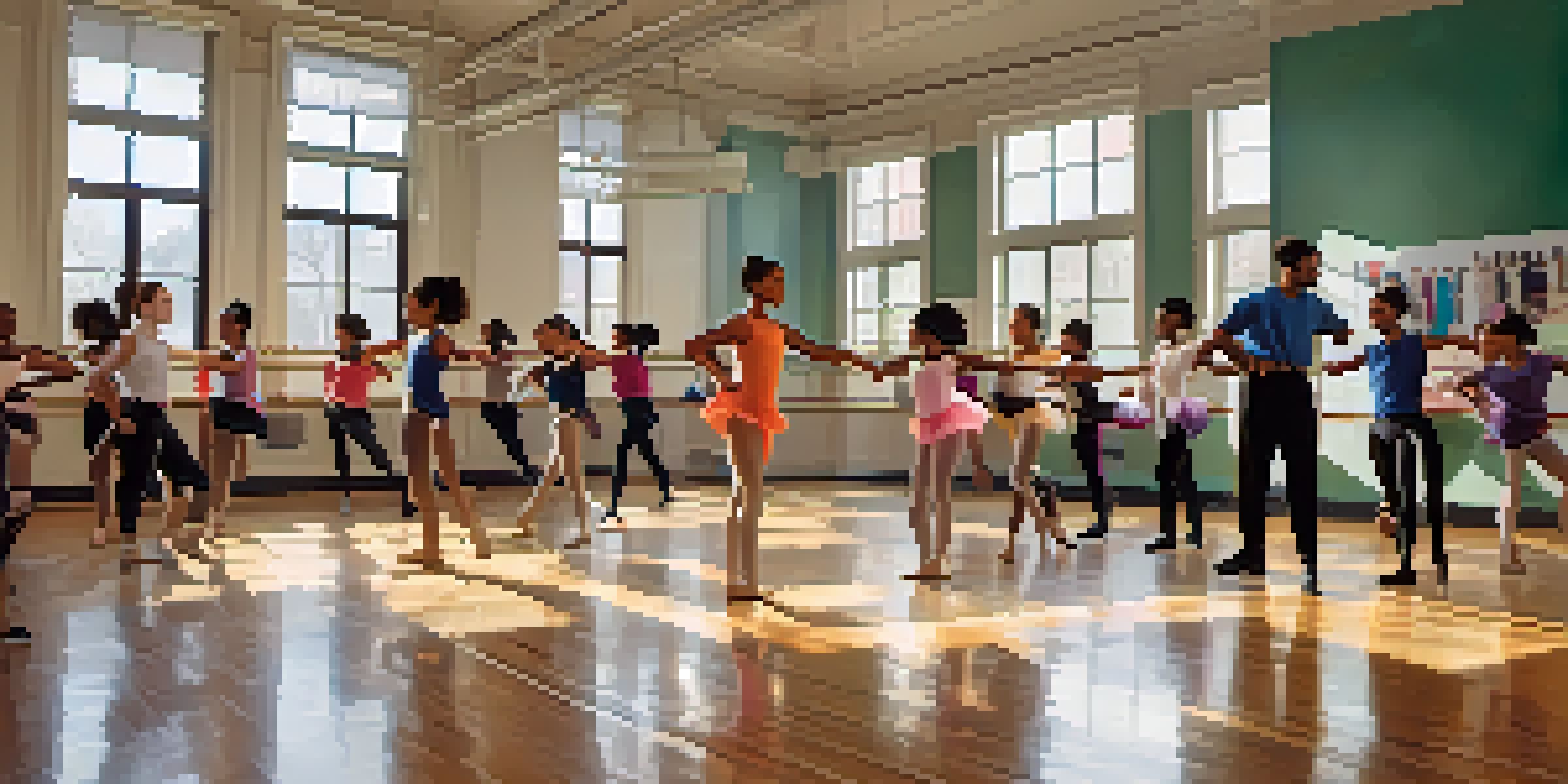 A lively dance classroom with students practicing ballet, hip-hop, and contemporary dance, illuminated by natural light.