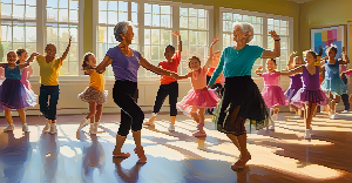 A diverse group of dancers, including children and grandparents, participating in a lively dance class in a bright room filled with sunlight.