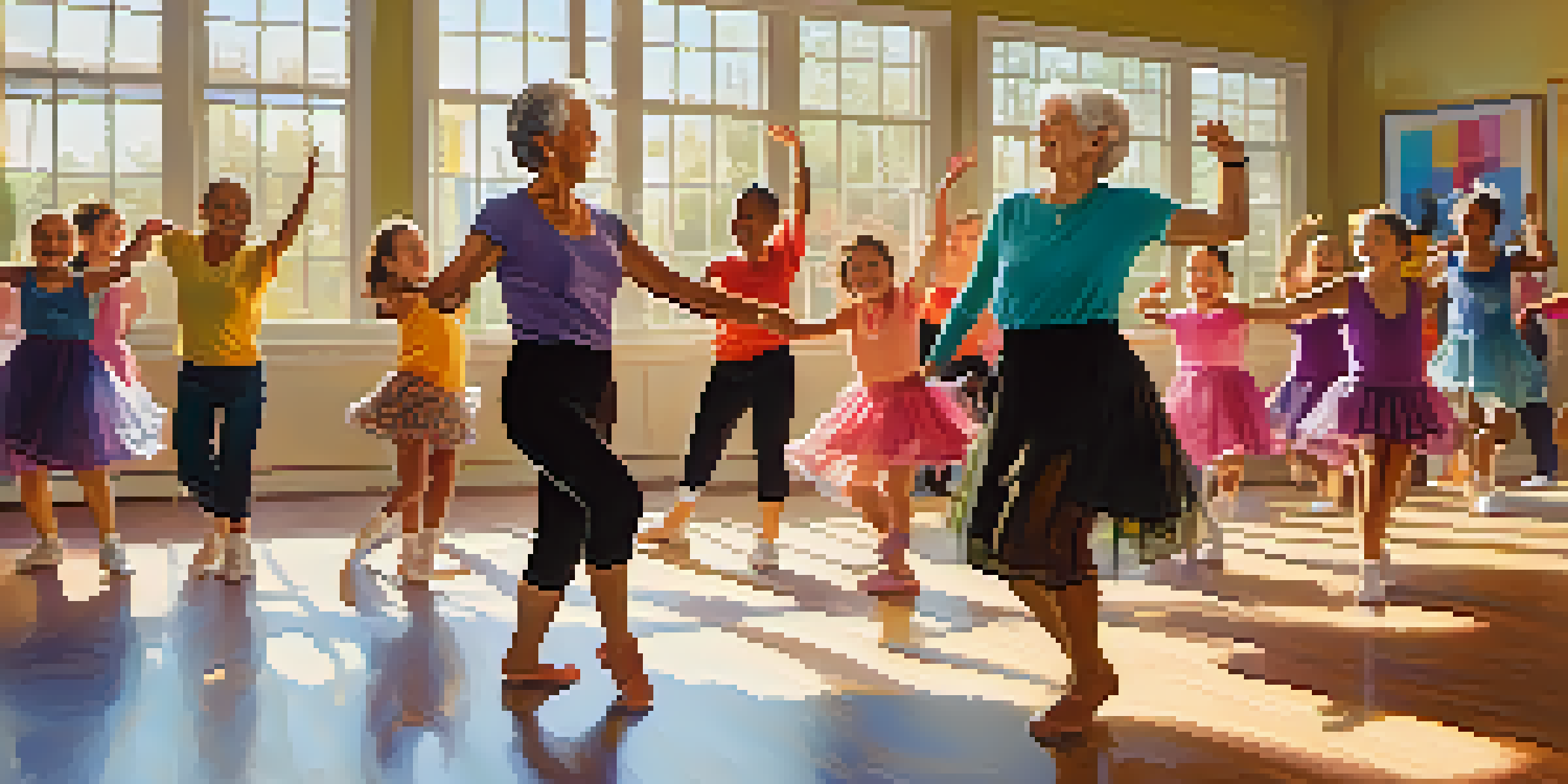 A diverse group of dancers, including children and grandparents, participating in a lively dance class in a bright room filled with sunlight.
