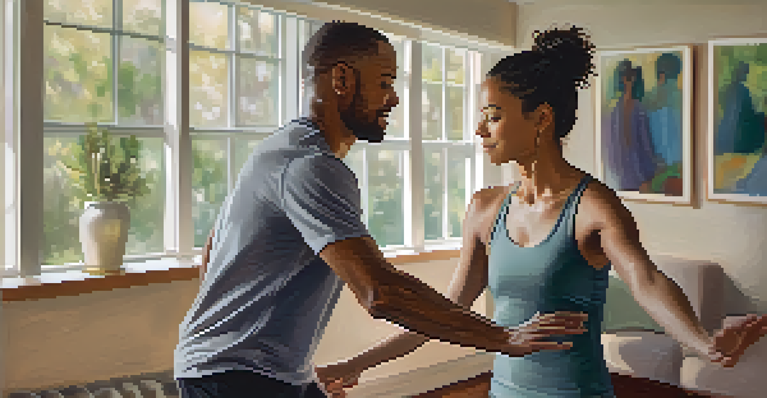 A dance therapist guiding an individual in a movement exercise in a cozy studio, focused on emotional expression.