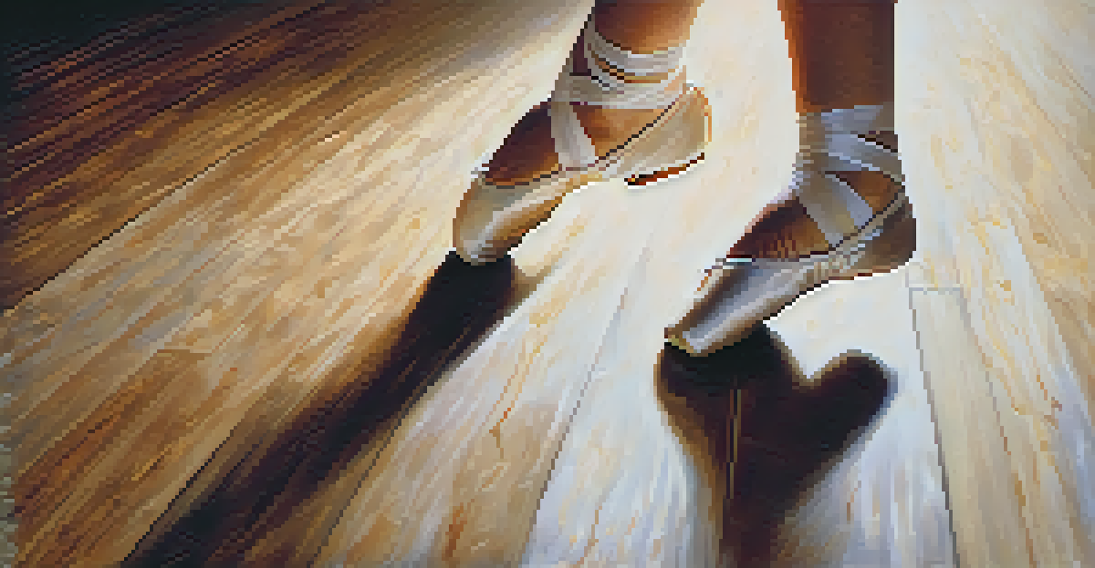 A close-up of a dancer's feet performing ballet on a wooden stage.