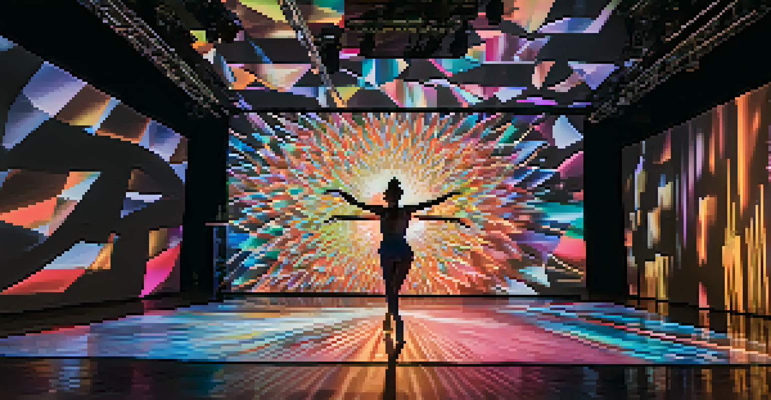 A dancer surrounded by colorful projection mapping visuals during an innovative performance.