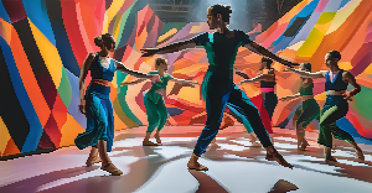 A lively dance performance surrounded by colorful, abstract art installations, with dynamic lighting creating a vibrant atmosphere.