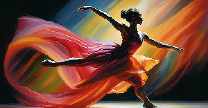 A dancer in a colorful costume leaps mid-air on a dimly lit stage, surrounded by swirling colors and dramatic lighting.