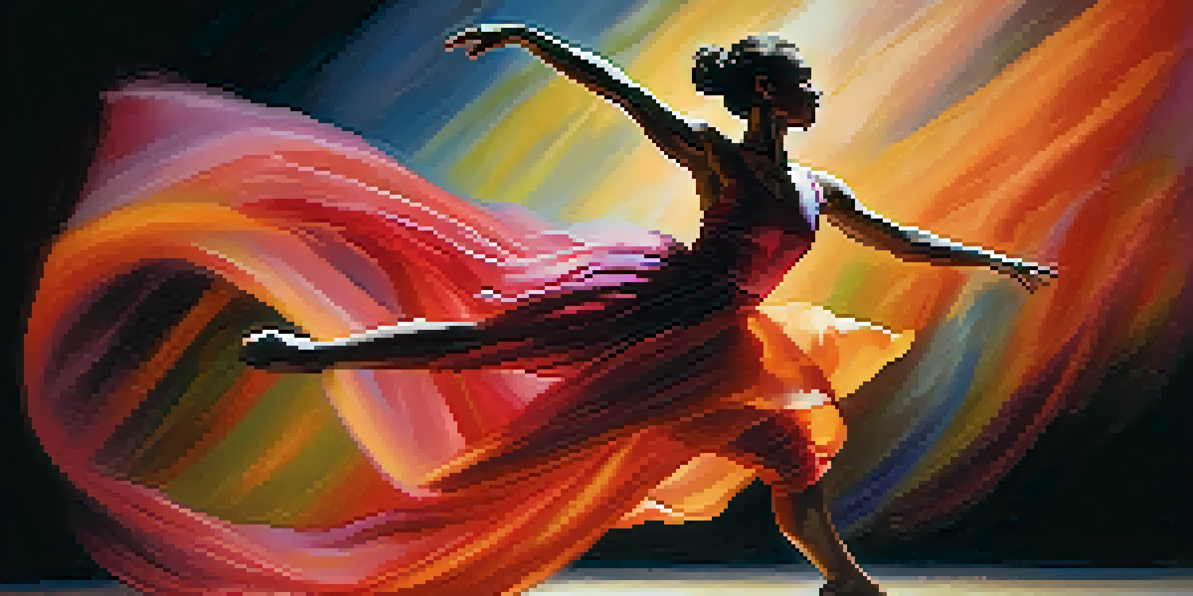 A dancer in a colorful costume leaps mid-air on a dimly lit stage, surrounded by swirling colors and dramatic lighting.