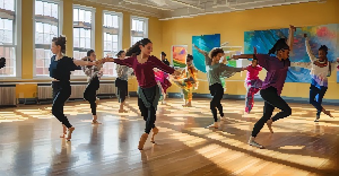 A lively dance classroom with diverse students dancing and expressing themselves, illuminated by natural light.